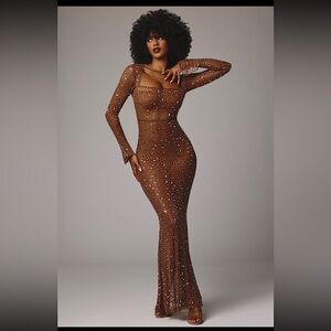 Oh Polly ISABEAU Dress. Sheer embellished long sleeve evening gown in Mocha.